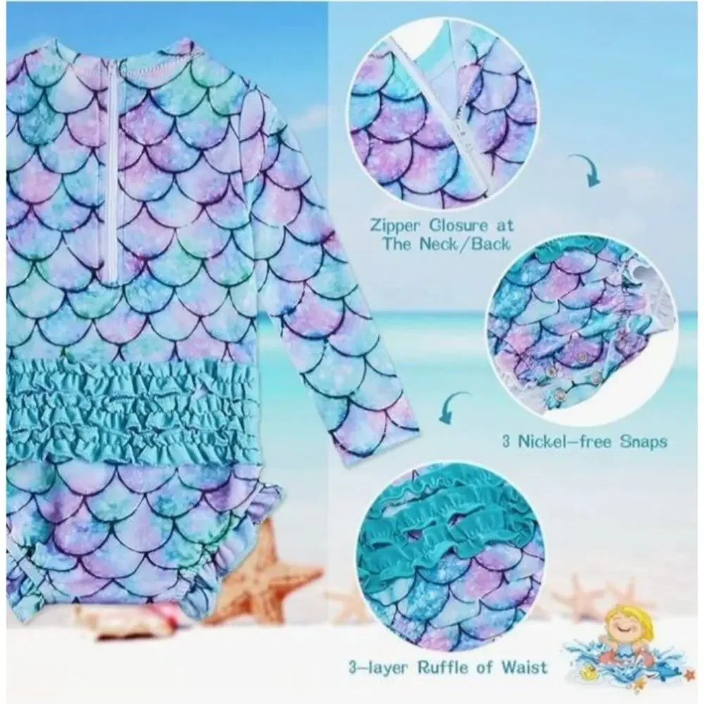 Mermaid Baby/Toddler Girls Size 12-18 months Rash Guard Swimsuit Long Sleeve One
